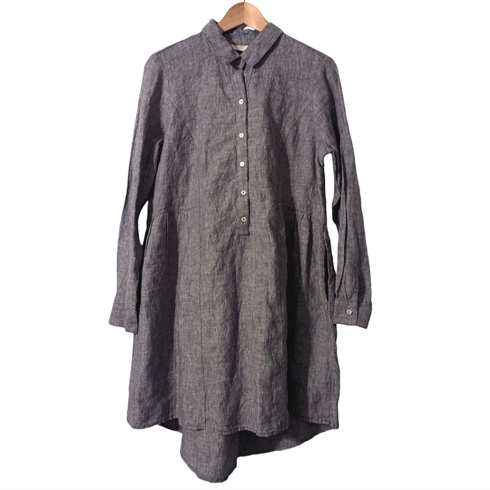 Beacon Cove 100% Linen Long Sleeve Button Front Collared Chambray Mini Dress